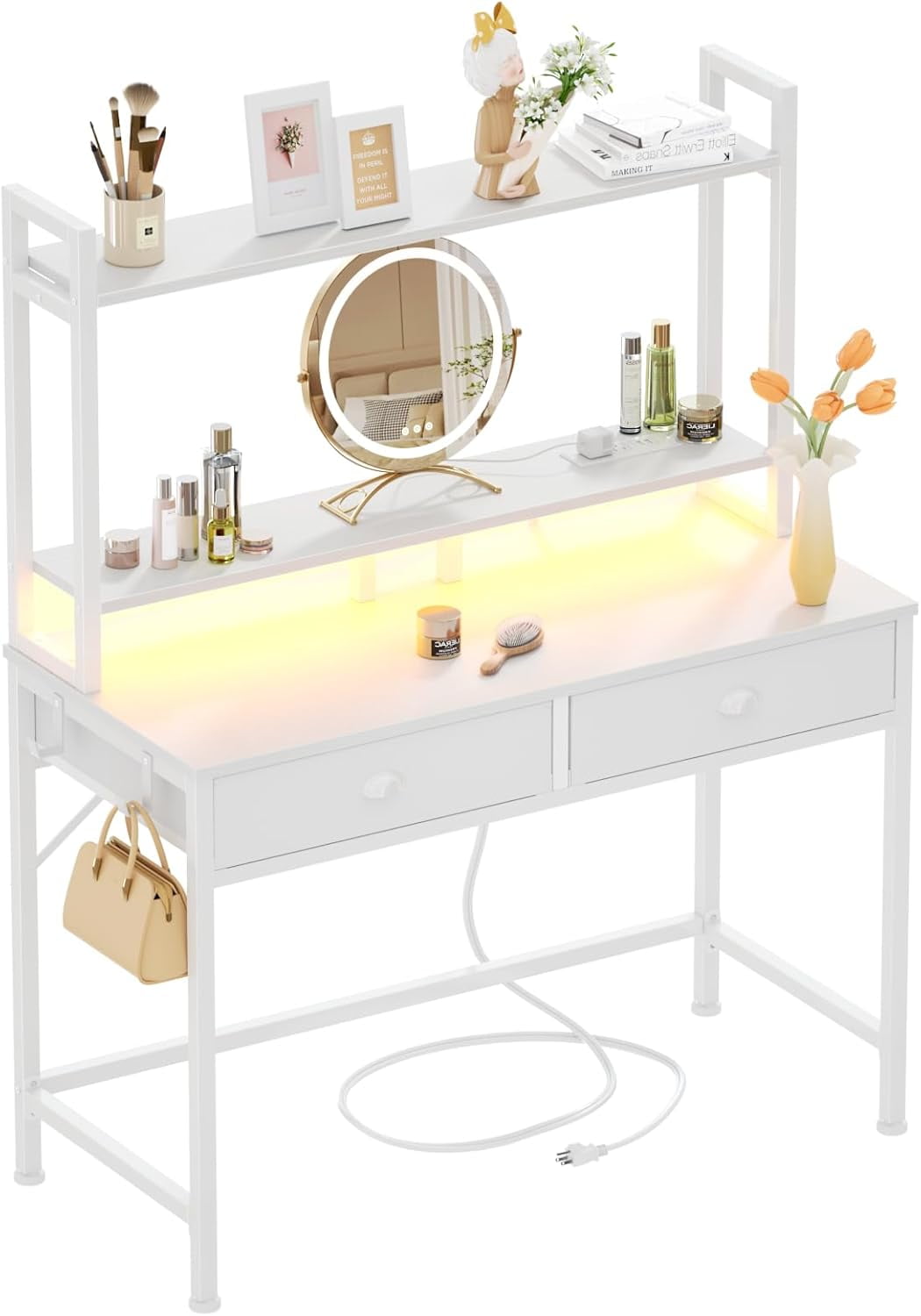 Satifur Small Computer Desk with Power Outlet & 2 Fabric Drawers, Gaming Desk with LED Light and Monitor Stand, Home Office Desk with Shelf and Hutch for Small Space, White