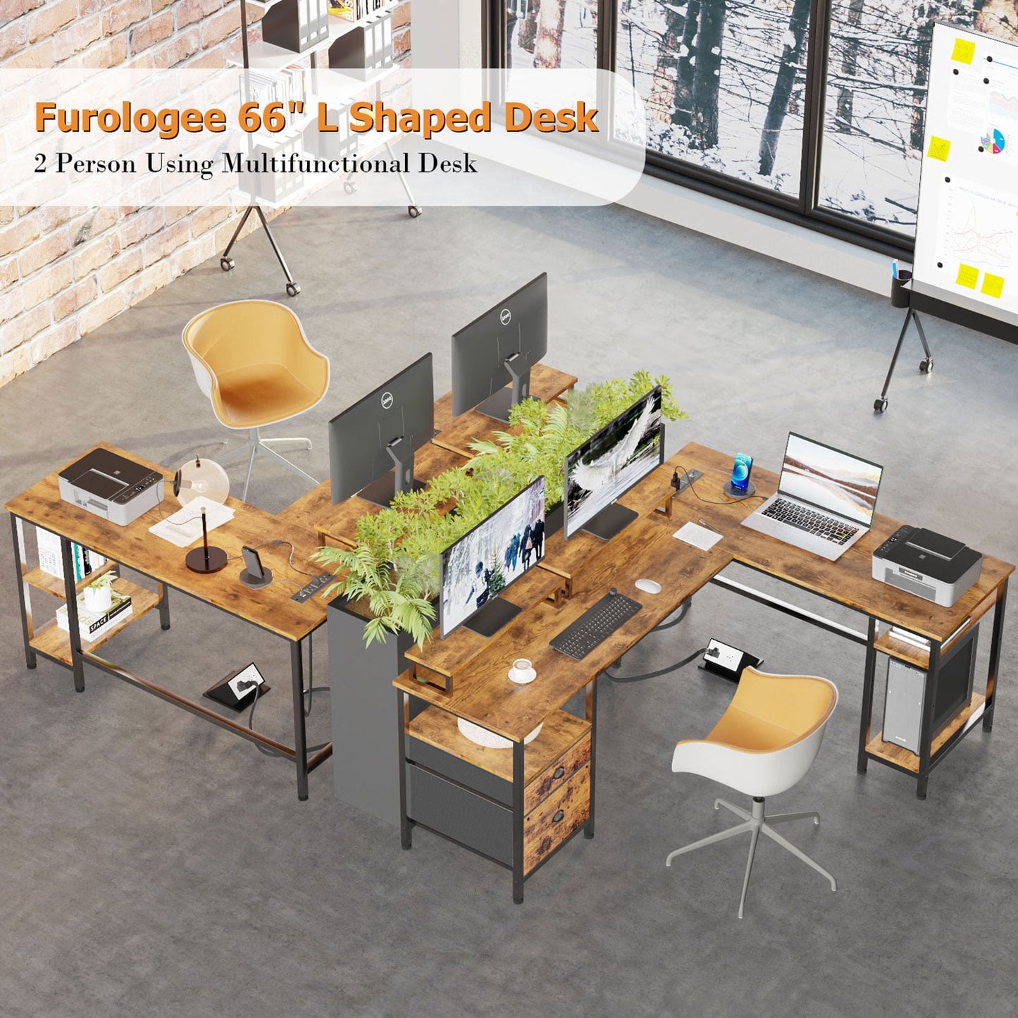 Furologee Computer Desk L-Shaped Reversible Desk with Drawers and 2 Monitor Stands, Rustic Brown
