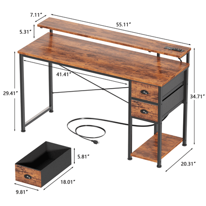 Satifur Computer Desk with Power Outlets & LED Lights, Home Office Desk with 2 Drawers, LED Change Colors Standing Gaming Desk, Rustic Brown