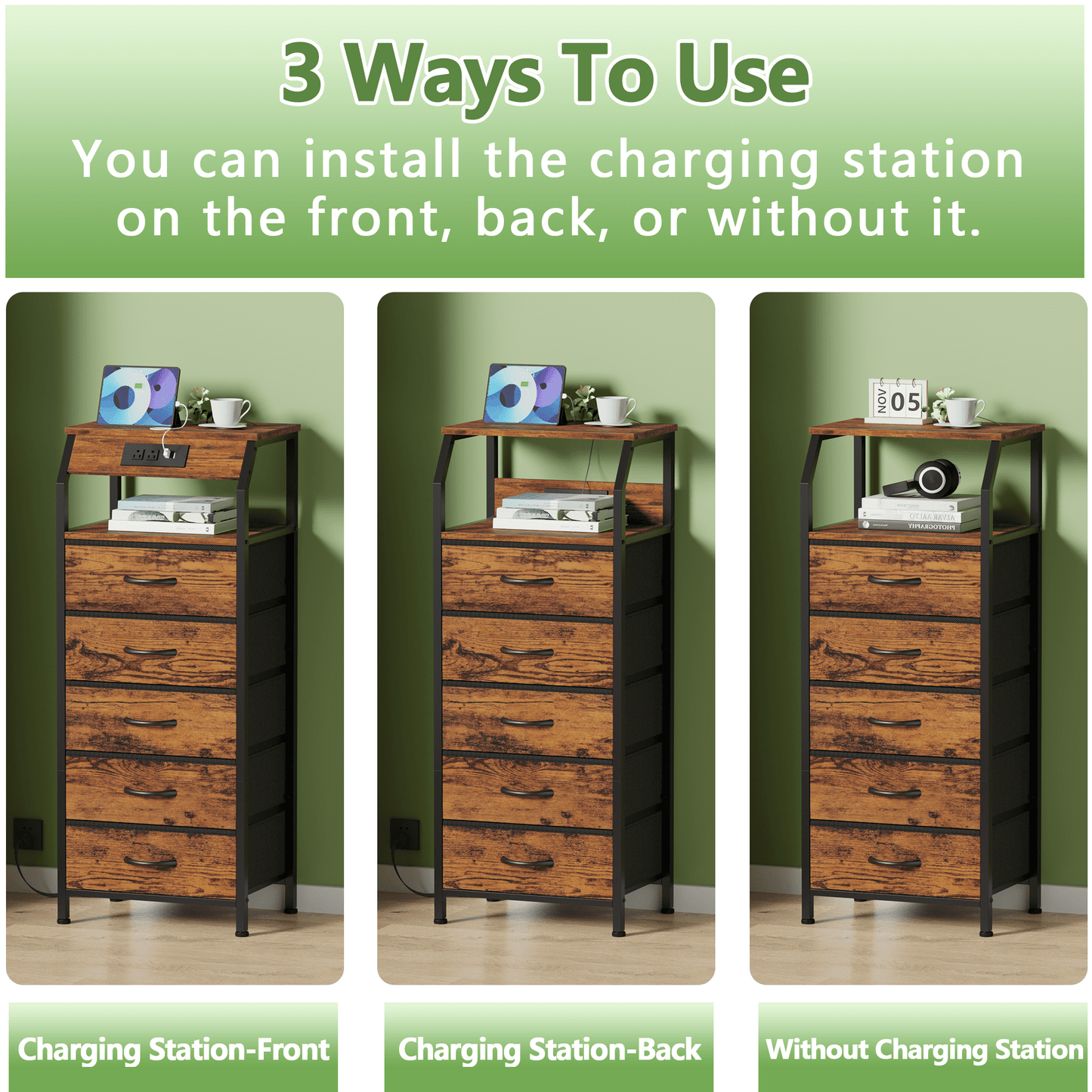 TYDIMOR Tall Dresser for Bedroom, 5 Drawer with Charging Station, Brown, Ideal for Adults