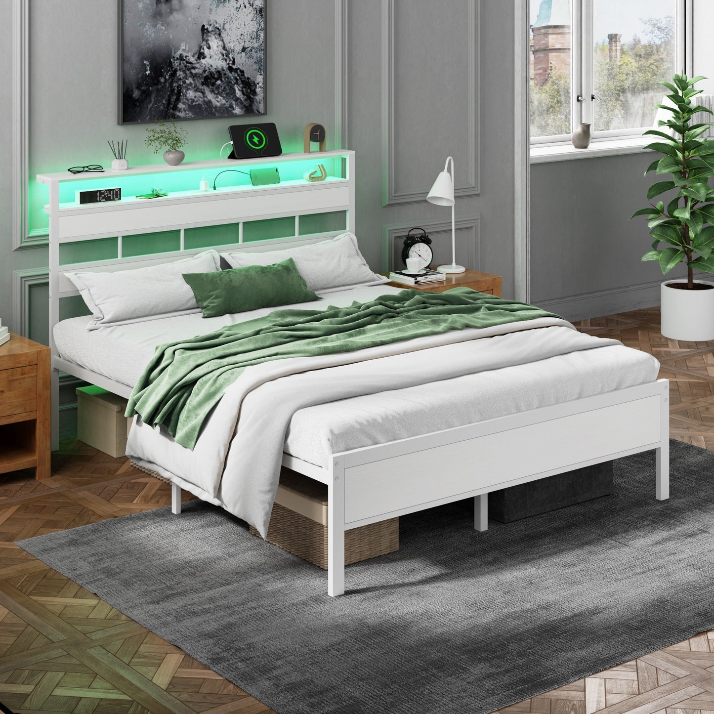Tydimor Queen Bed Frames with Wood Headboard & 2-Tier Storage Shelves, Queen Size Platform Bed with Charging Station and LED Lights, No Box Spring Needed, White