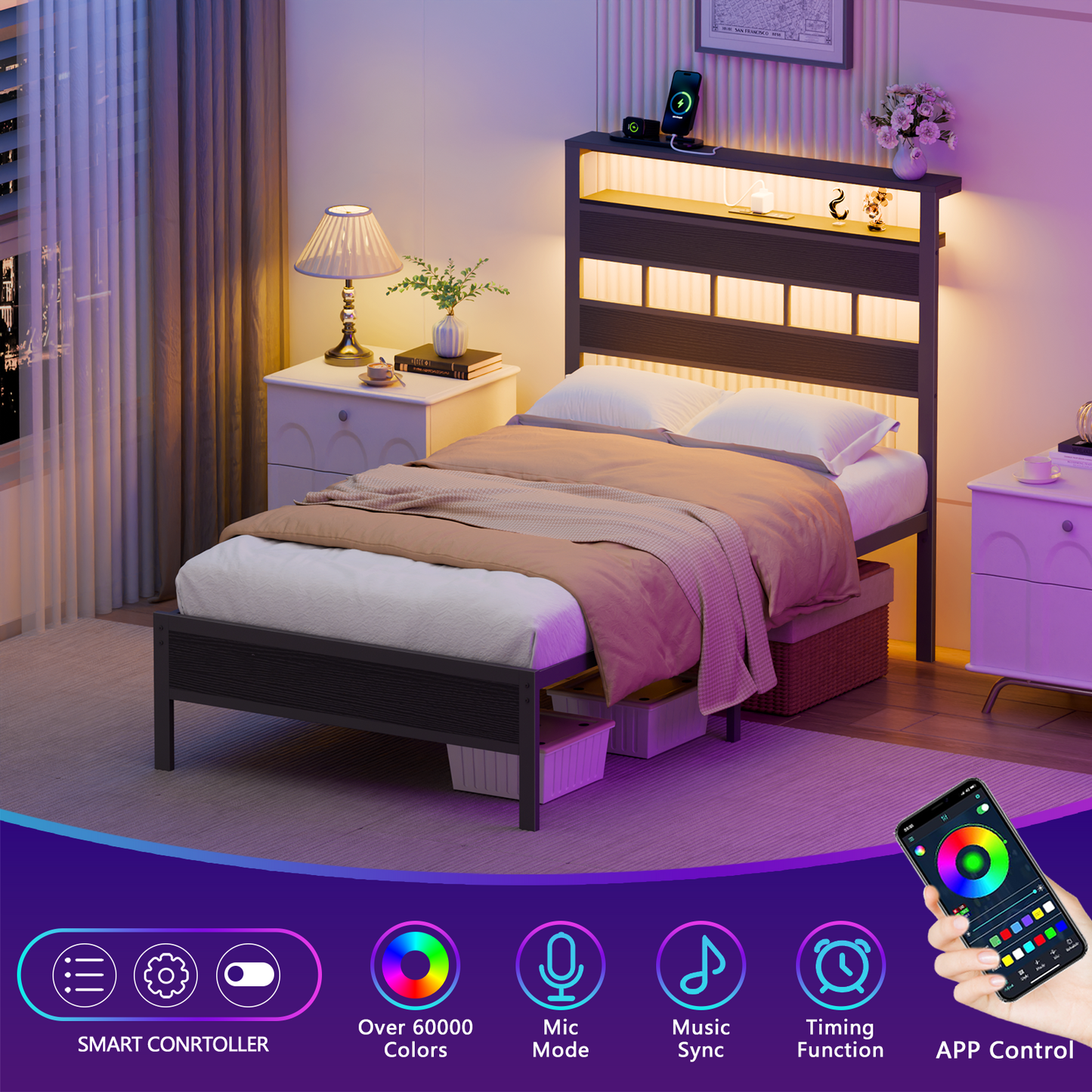 Satifur Twin Size Bed Frame with Storage Headboard and LED Light, Platform Bed with Metal Slats, Noise Free Design