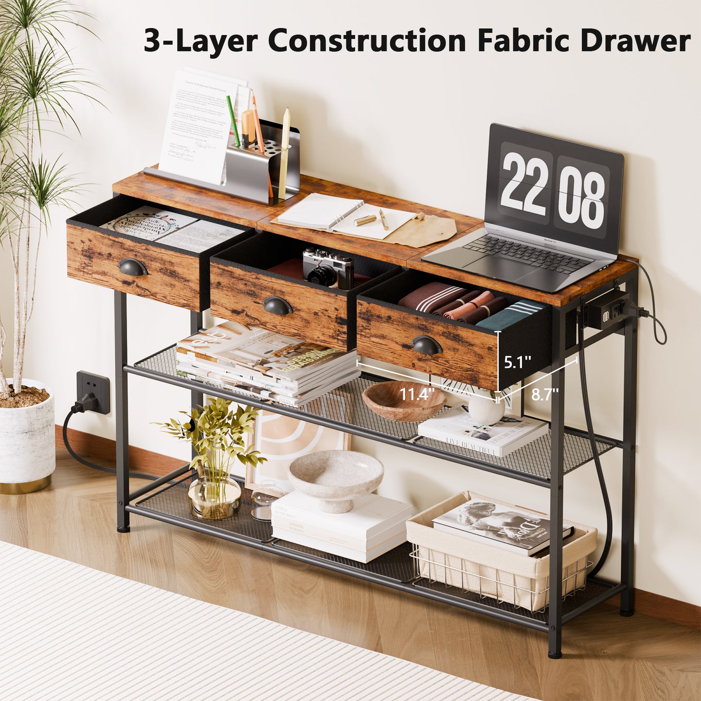 Satifur 38" Entryway Table with Power Outlets, Console Table with 3 Fabric Drawers, Hallway Table, Rustic Brown