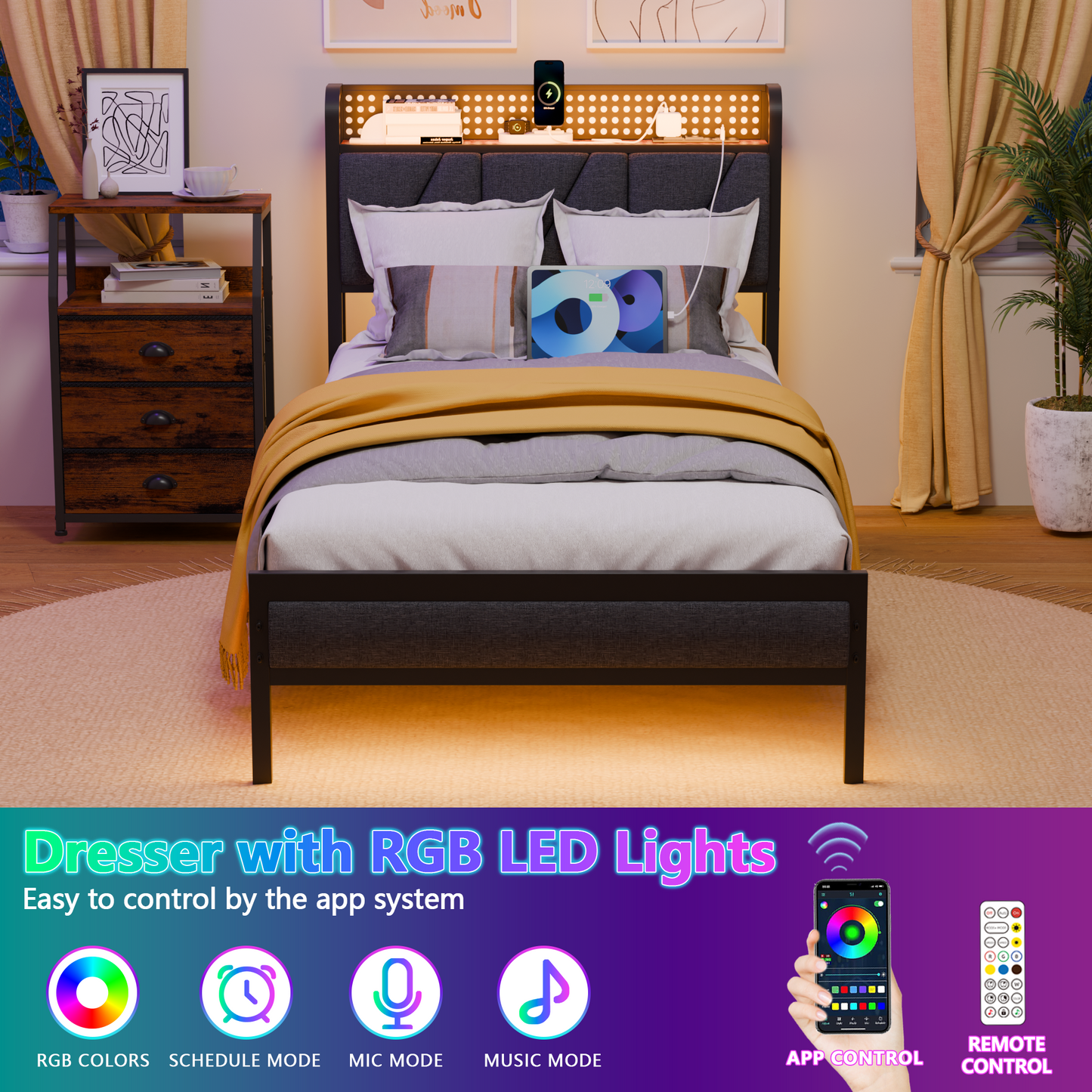 Tydimor Twin Size Metal Smart Bed Frames with Upholstered Headboard, LED Lights, USB Ports and Outlets, Storage Shelves & Underbed