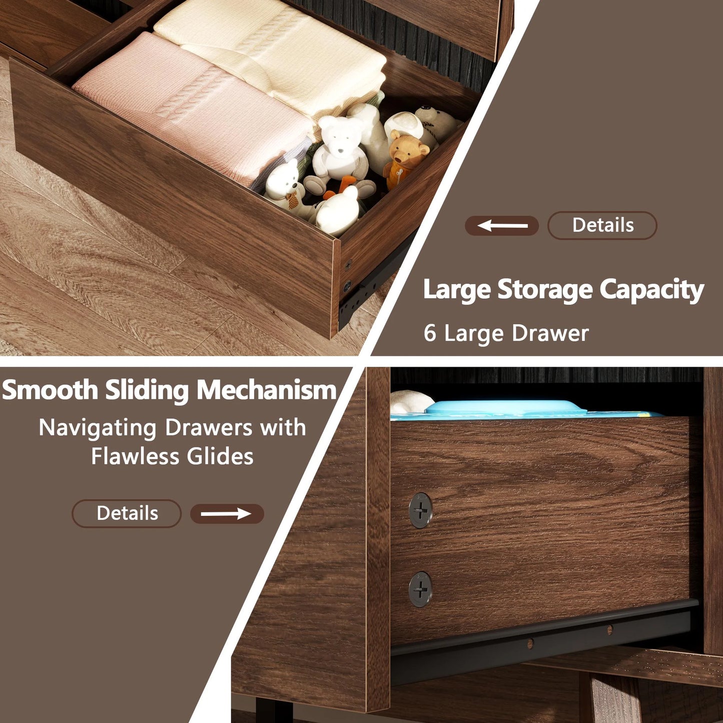 Satifur 47.2″ Wide 6-Drawer Wood Dresser, for Bedroom Storage & as TV Stand, American Walnut