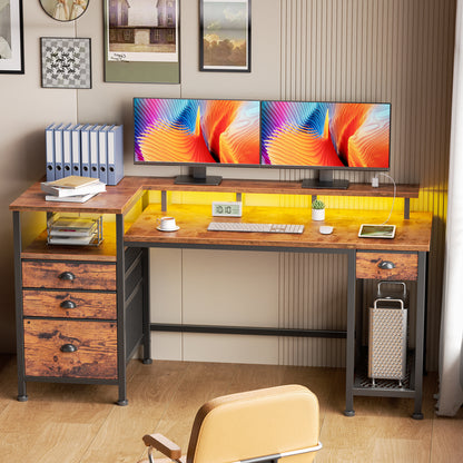 Satifur Computer Desk with 4 Drawers, 60 Inch Reversible Desk with Led Lights & Power Outlet, Home Office Desk with File Drawer & Monitor Stand, Rustic Brown
