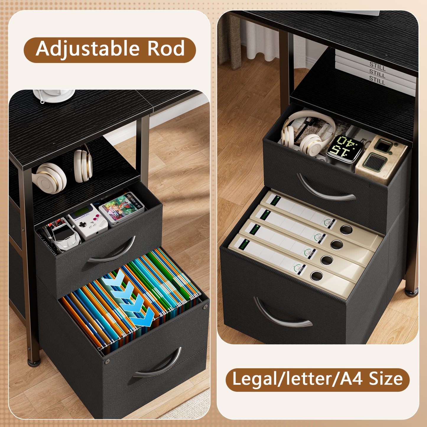 Satifur 65 Inch Reversible L Shaped Computer Desk with LED Lights & Outlets, Office Desk with 3 Drawers & 1 File Cabinet, Black