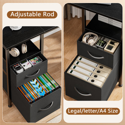 Satifur 57 Inch Reversible L Shaped Computer Desk with LED Lights & Outlets, Office Desk with 3 Drawers & 1 File Cabinet, Black