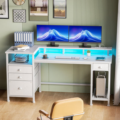 Satifur Computer Desk with 4 Drawers, 60 Inch Reversible Desk with Led Lights & Power Outlet, Home Office Desk with File Drawer & Monitor Stand, White