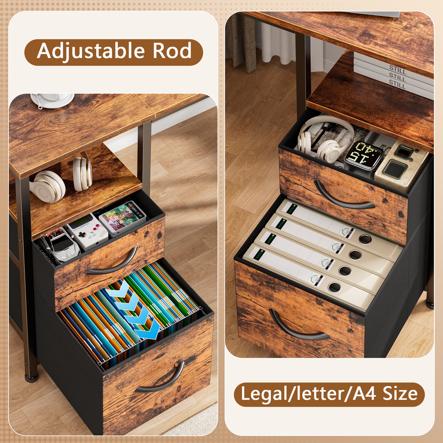 Satifur 57 Inch Reversible L Shaped Computer Desk with LED Lights & Outlets, Office Desk with 3 Drawers & 1 File Cabinet, Rustic Brown