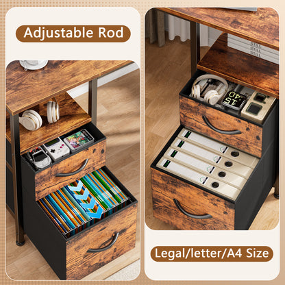 Satifur 65 Inch Reversible L Shaped Computer Desk with LED Lights & Outlets, Office Desk with 3 Drawers & 1 File Cabinet, Rustic Brown