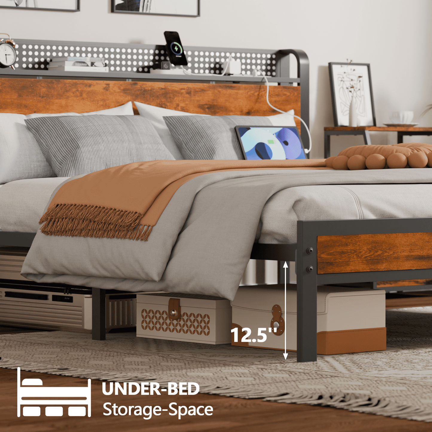 Tydimor Queen RGB LED Strip Platforrm Bed Frames with Headboard Metal, Storage Shelves & Underbed, Niose Free, No Box Spring Needed