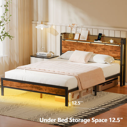Satifur LED Bed Frame Queen Size with 2 USB Ports and Outlets, Platform Metal Bed Frame, No Box Spring Needed, Noise-Free