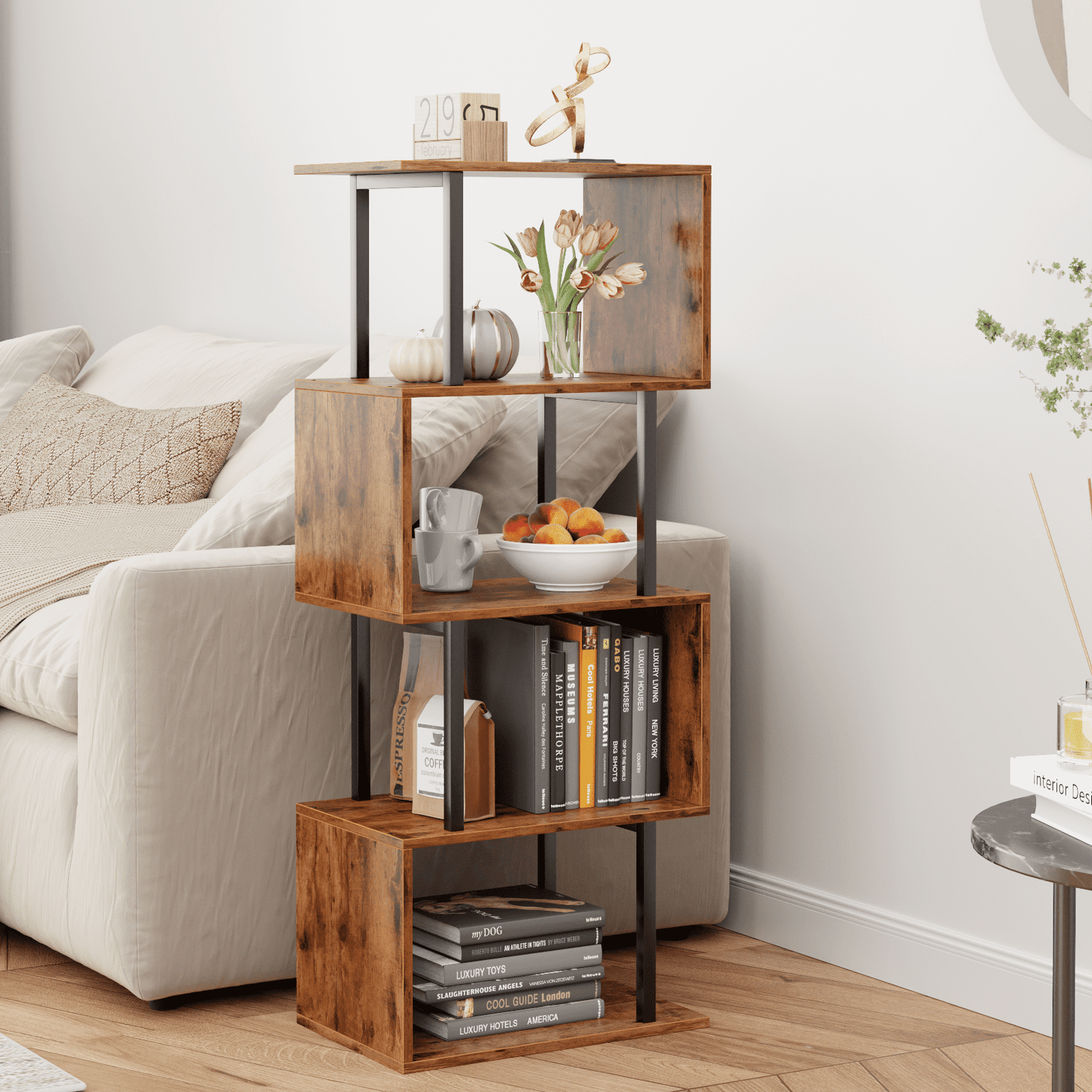 Satifur 4-Tier S-Shaped Geometric Bookcase, Industrial Freestanding Storage Shelving Unit,Rustic Brown