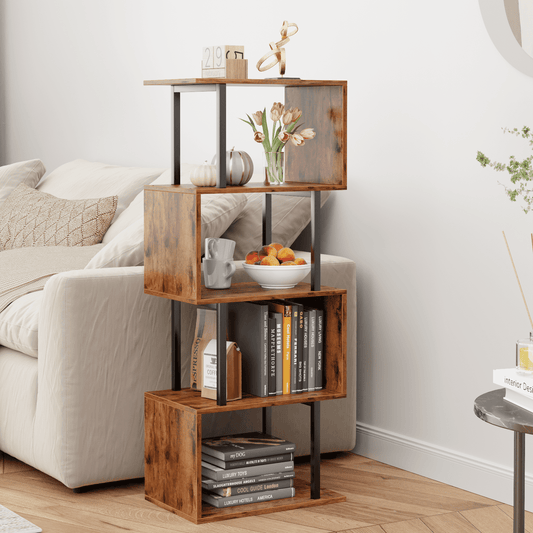 Satifur 4-Tier S-Shaped Geometric Bookcase, Industrial Freestanding Storage Shelving Unit,Rustic Brown