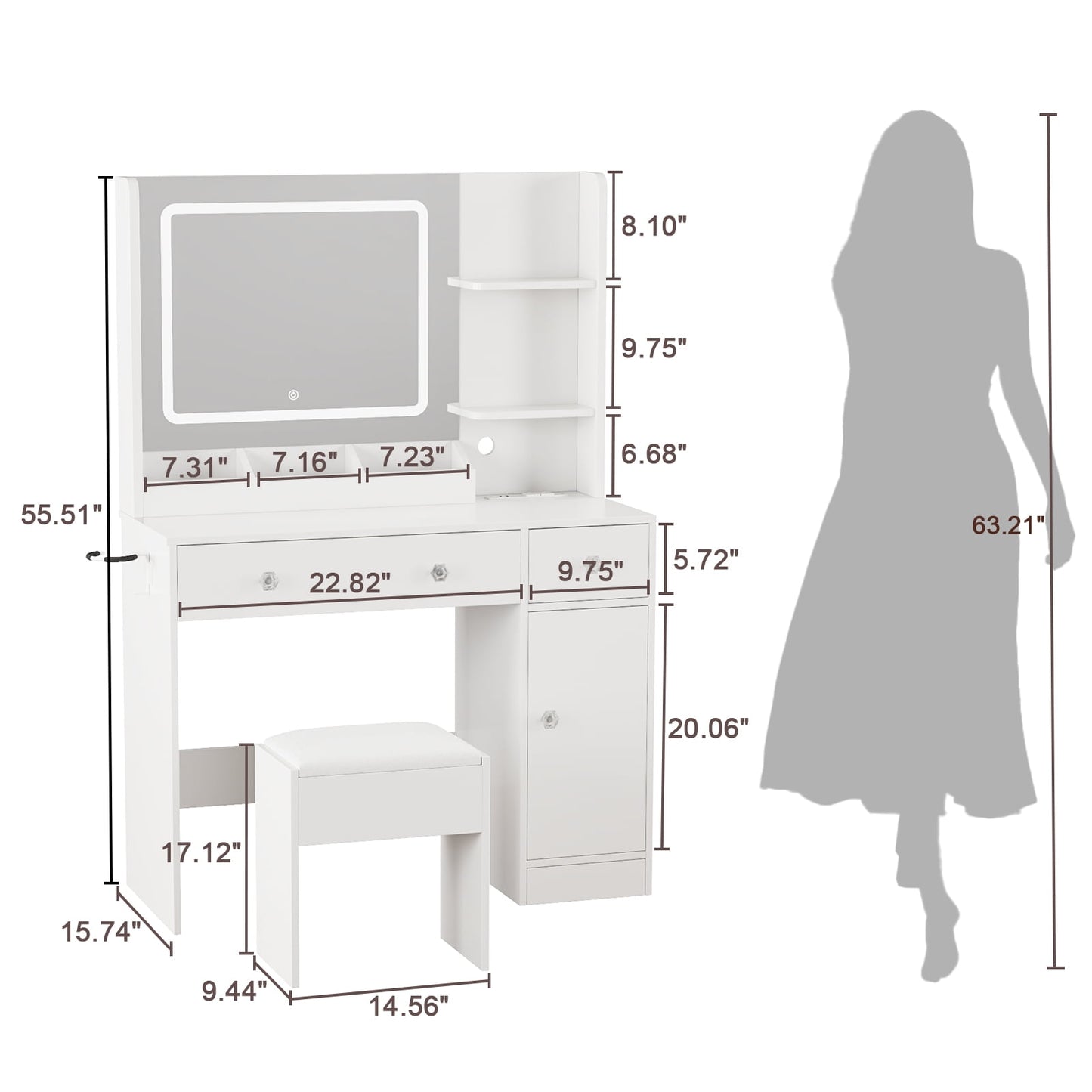 Hexmn square mirror Vanity Set with charging station, LED dressing tables with stools, drawers storage cabinet