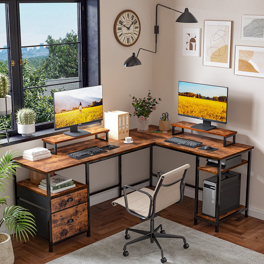 Furologee Computer Desk, Adult Collection L-Shaped MultiFuntional Rustic Desk, Rustic Brown