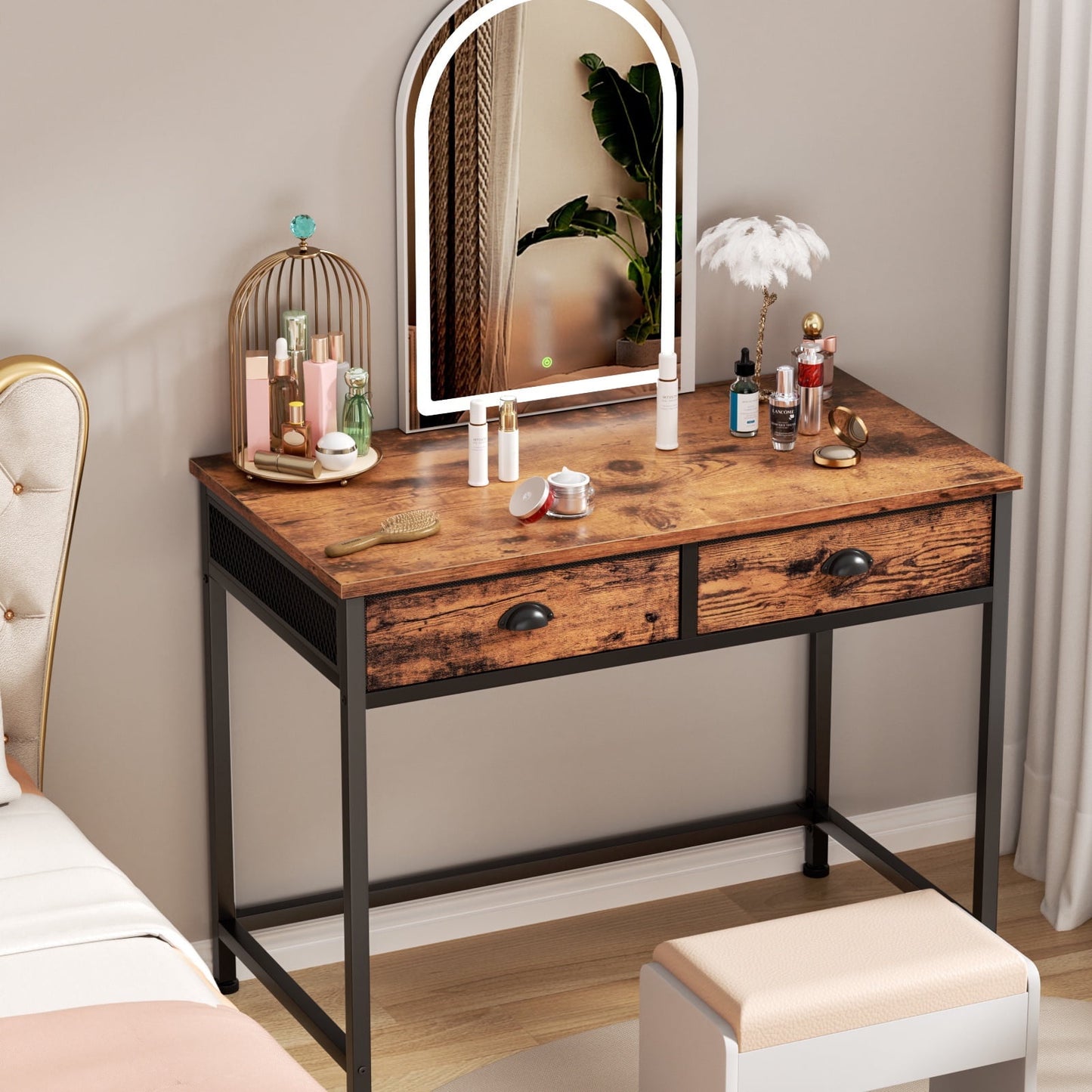 Hexmn Gaming Desk with Fabric Drawers & Hooks for Bedroom Home Office,Rustic Brown