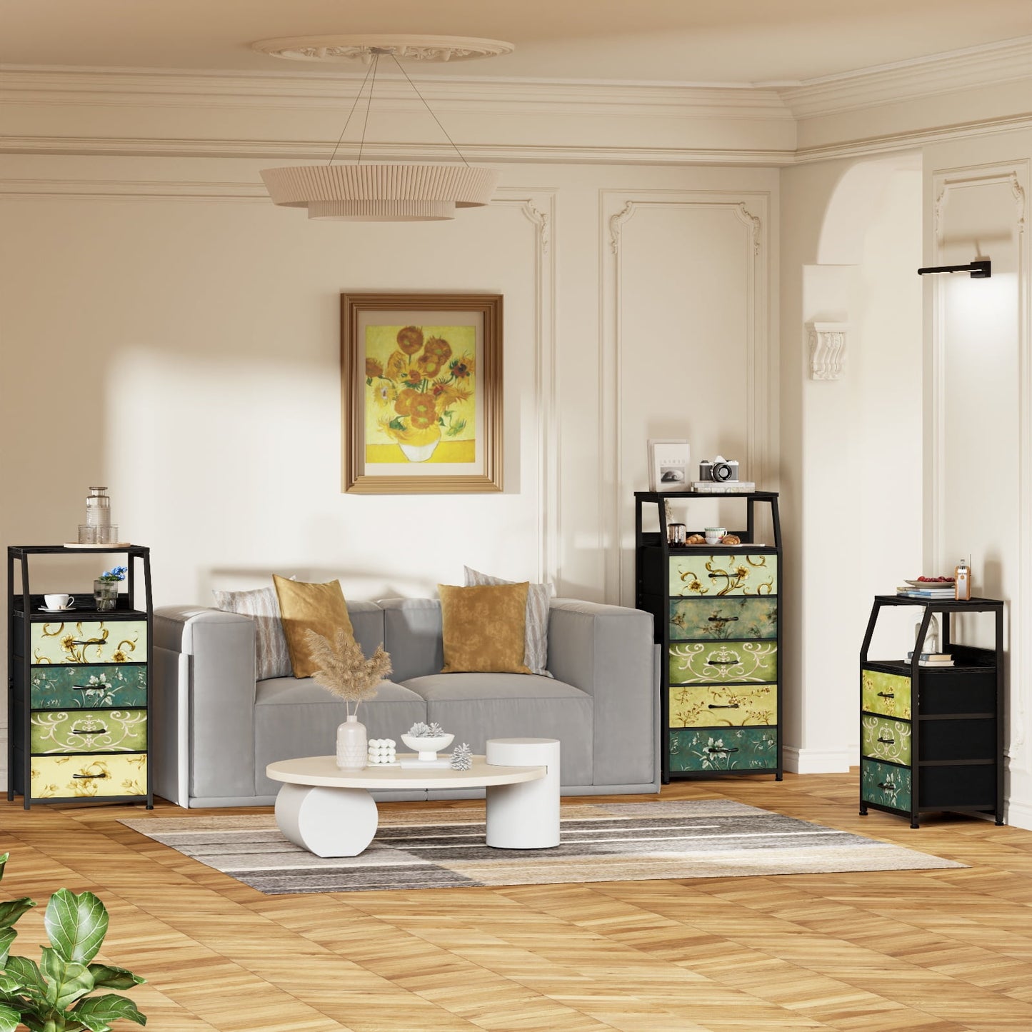 Satifur 3-Drawer Nightstand,Bedside Fabric Dresser Storage Chest of Drawers,Retro Flower