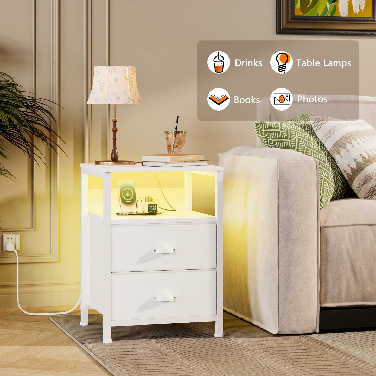 Satifur Night Stand Set of 2 with Charging Station,LED Nightstand with Fabric Drawers Bed Side Table,White