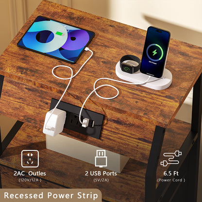 TYDIMOR Nightstand Bedside Table with Charging Station, 3 Drawer Dresser for Bedroom Furniture Steel, Wood, Brown Fabric Drawers