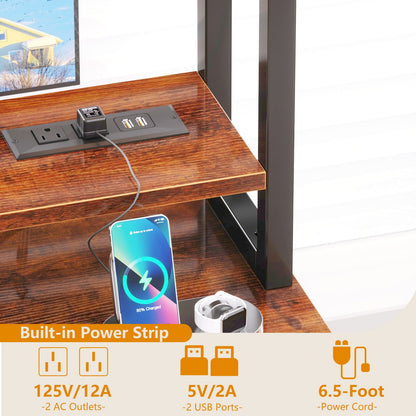 Satifur Computer Desk with Charging Station & LED Lights, Gaming Desk with Drawers & Shelves, Rustic Brown