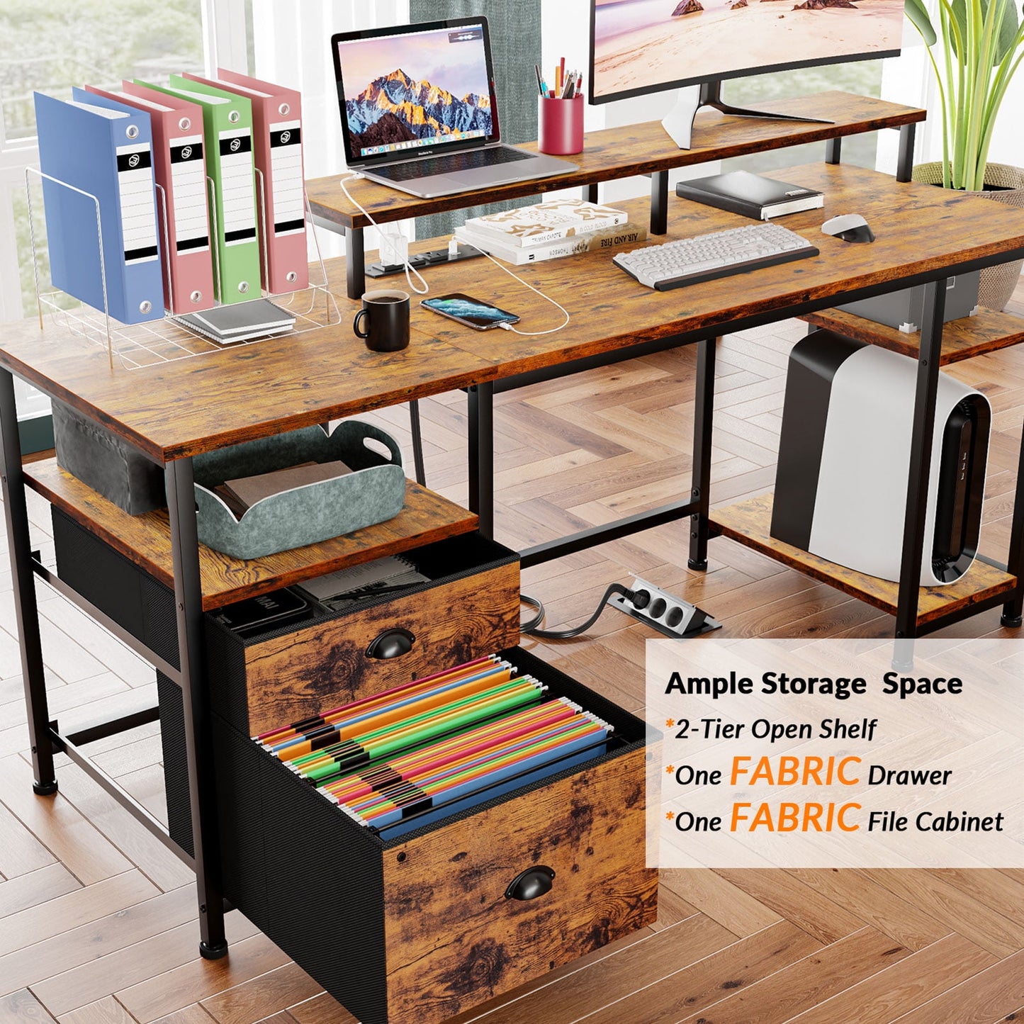 Furologee Computer Desk with Outlet & USB Ports, Gaming Desk with LED, Reversible Desk with File Cabinet & Drawer, Large Desk Writing Table with Monitor Stand for Home Office, Rustic Brown