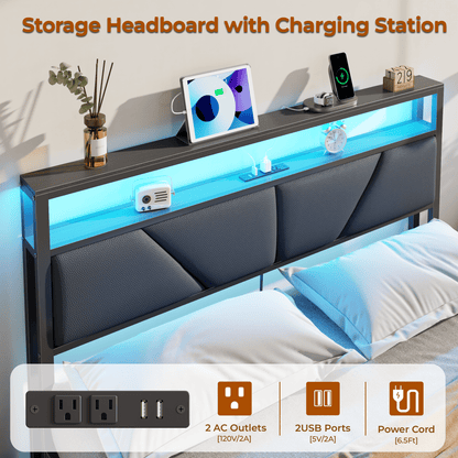 Tydimor Full Bed Frame with 6 Storage Drawers, Metal Platform Bed Frame with 2-Tier Upholstered Storage Headboard & LED, Built in Charging Station, Noise-Free, No Box Spring Needed, Black