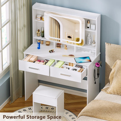 Tydimor Vanity Set with Sliding Mirror & Lights, Women Dressing Table with Outlets, Makeup Vanity Desk with Drawers & Stool