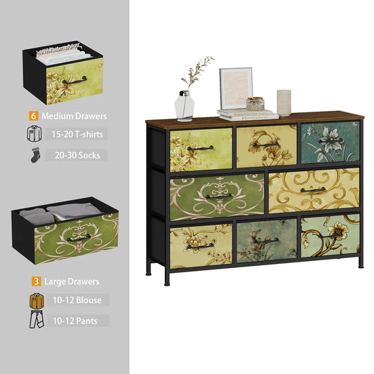 TYDIMOR Fabric Dresser for Bedroom, 8 Drawer Chest of Drawers, Retro Flower, Ideal for Adults