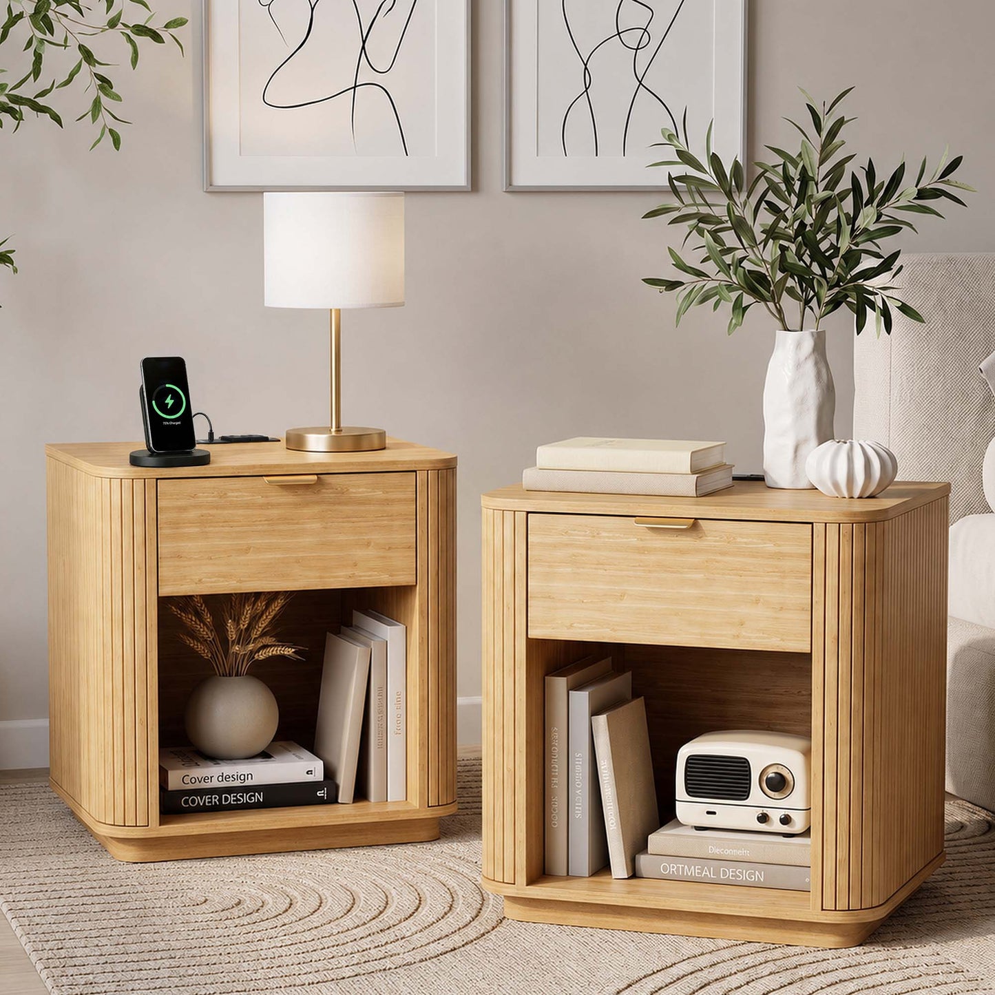 Satifur Wooden Nightstand with Charging Station Set of 2, 1 Drawer Fluted Night Stands with Storage, Modern Bedside Table Set of 2 for Bedroom, Natural