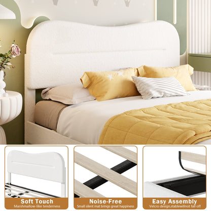 Tydimor Queen Bed Frame with Teddy Velvet Soft Curved Headboard, Platform Bed with Wooden Slats Support, Easy Assembly, Noise-Free, White