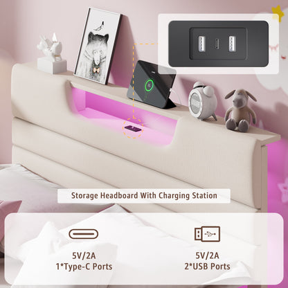 Tydimor Beige Fine Linen Fabric Bed Frame with Upholstered Headboard & Charge Station, Twin Size Bed Frame with LED Lights, No Box Spring Needed