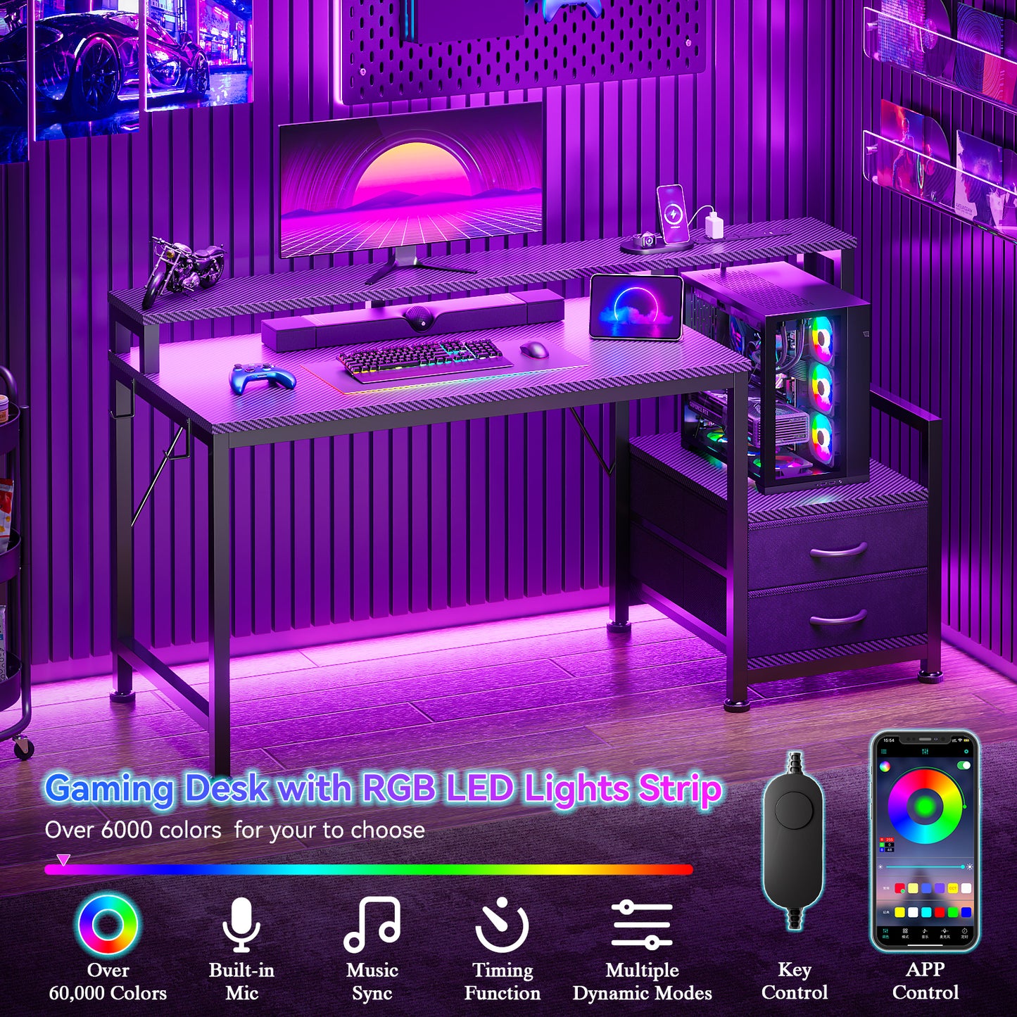 Satifur 55" Smart RGB Gaming Desk with App-Controlled Light Strip, Reversible Drawers & Built-in Charging Station,Black