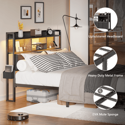 Tydimor Twin Size Metal Smart Bed Frames with Upholstered Headboard, LED Lights, USB Ports and Outlets, Storage Shelves & Underbed
