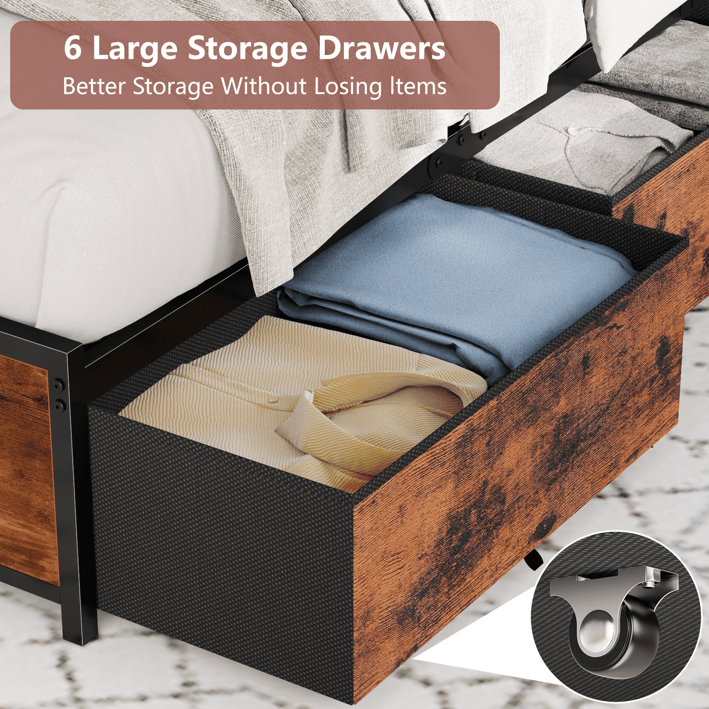 Tydimor Queen Bed Frame with 6 Storage Drawers, Metal Platform Bed Frame with 2-Tier Storage Headboard & LED, Built in Charging Station, Noise-Free, No Box Spring Needed, Rustic Brown