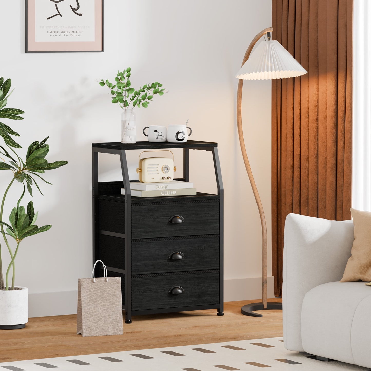 Satifur Nightstand,Vertical Dresser with Fabric Chest of Drawers & Storage for Bedroom,Living Room,Black Oak