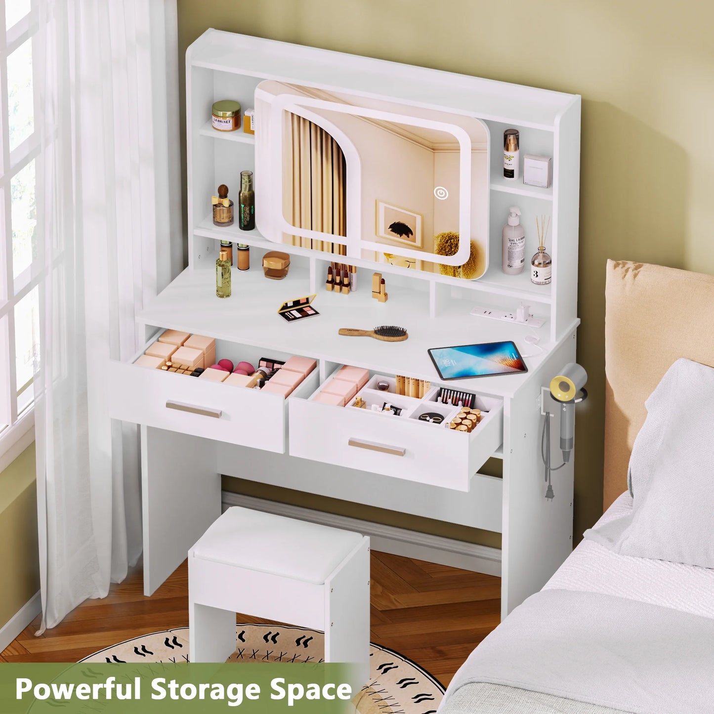 Tydimor Vanity Set with Sliding Mirror & Lights, Women Dressing Table with Outlets, Makeup Vanity Desk with Drawers & Stool