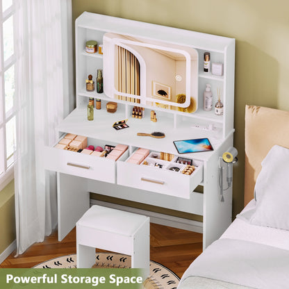 Tydimor Vanity Set with Sliding Mirror & Lights, Women Dressing Table with Outlets, Makeup Vanity Desk with Drawers & Stool