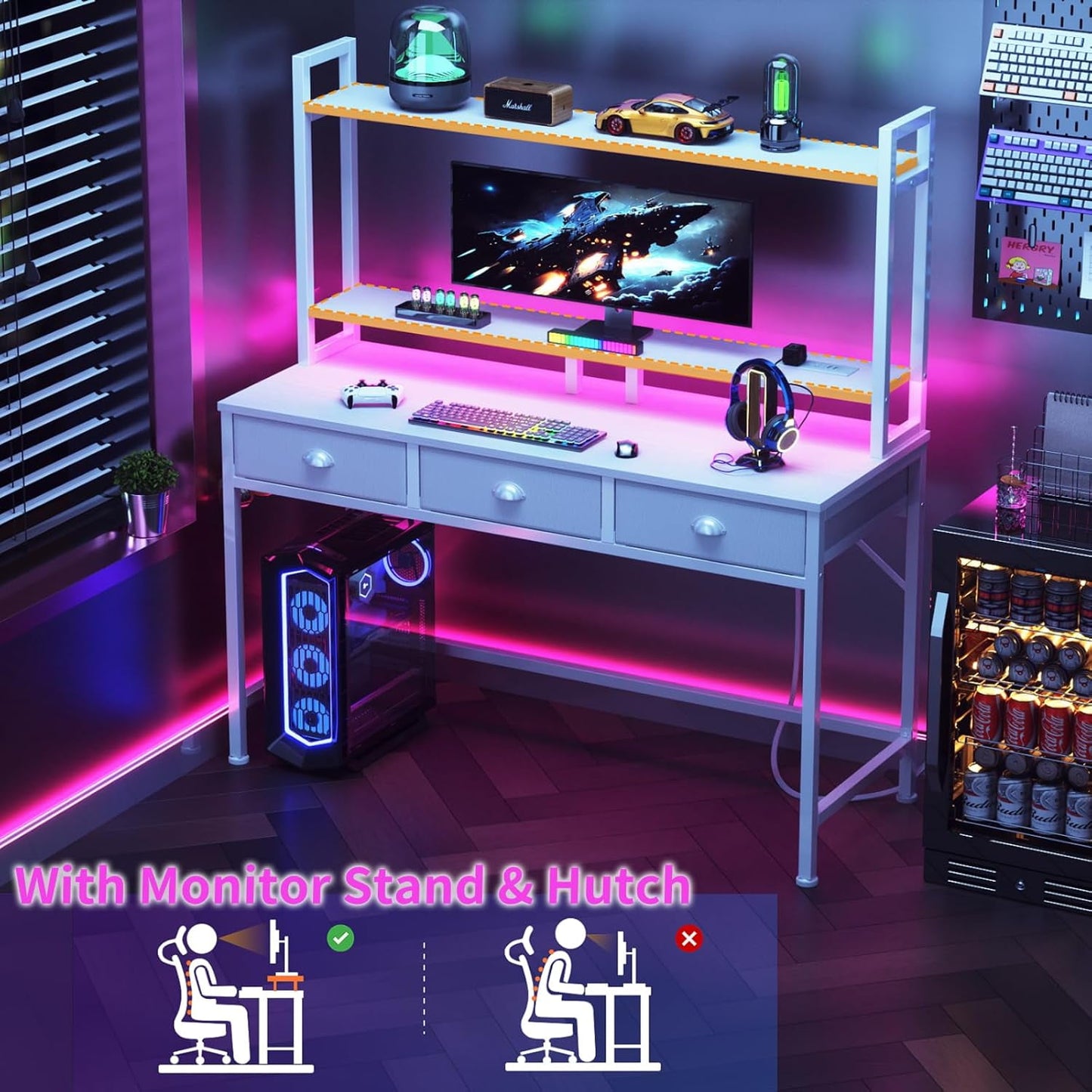 Satifur Small Computer Desk with Power Outlet & 3 Fabric Drawers, Gaming Desk with LED Light and Monitor Stand, Home Office Desk with Shelf and Hutch for Small Space, White