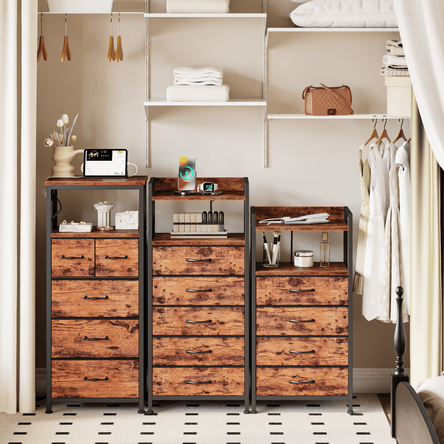 TYDIMOR Tall Dresser for Bedroom, 5 Drawer with Charging Station, Black, Ideal for Adults