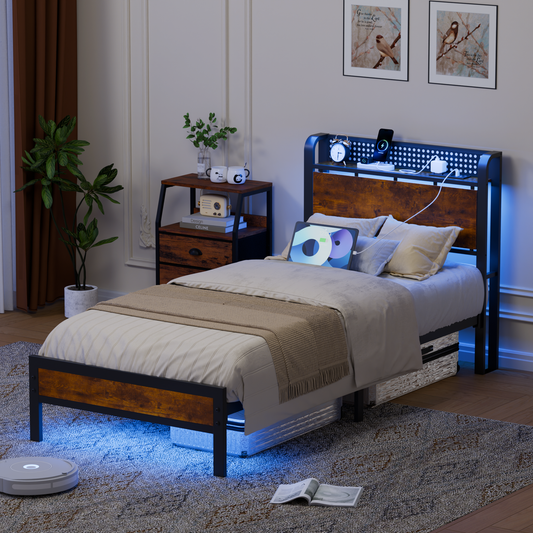 Tydimor Twin RGB LED Strip Platforrm Bed Frames with Headboard Metal, Storage Shelves & Underbed, Niose Free, No Box Spring Needed