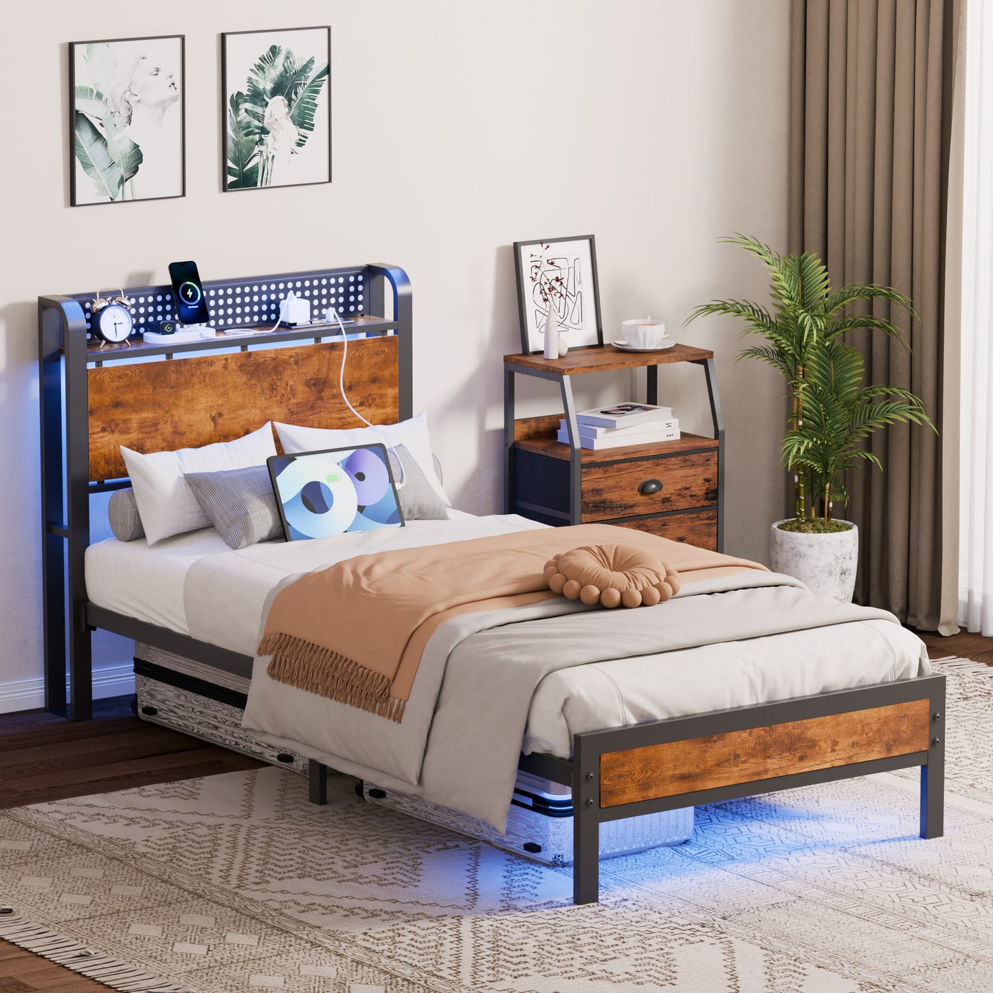 Satifur LED Bed Frame Twin Size with 2 USB Ports and Outlets, Platform Metal Bed Frame, No Box Spring Needed, Noise-Free
