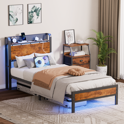 Satifur LED Bed Frame Twin Size with 2 USB Ports and Outlets, Platform Metal Bed Frame, No Box Spring Needed, Noise-Free