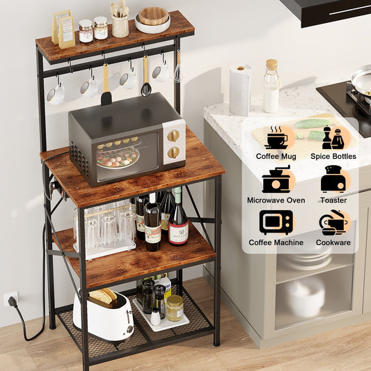 TYDIMOR Kitchen Bakers Rack with Outlets, Coffee Bar Table 4 Tiers Microwave Stand, Brown