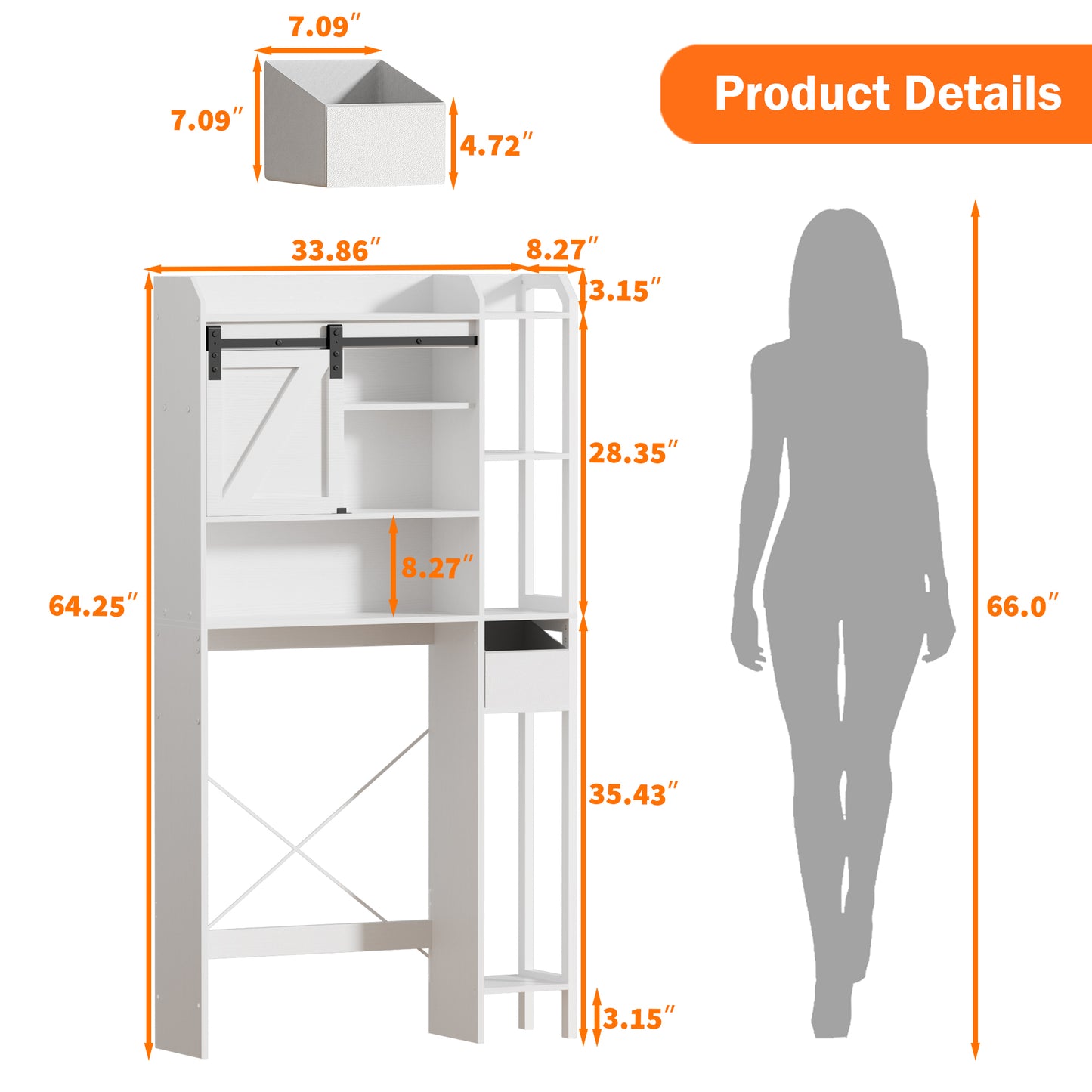 Hexmn Over The Toilet Storage Cabinet with Sliding Barn Door, 6-Tier Freestanding Bathroom Shelf Farmhouse Organizer with Shelves, Paper Holder and Racks, Farmhouse Toilet Cabinet for Laundry, White