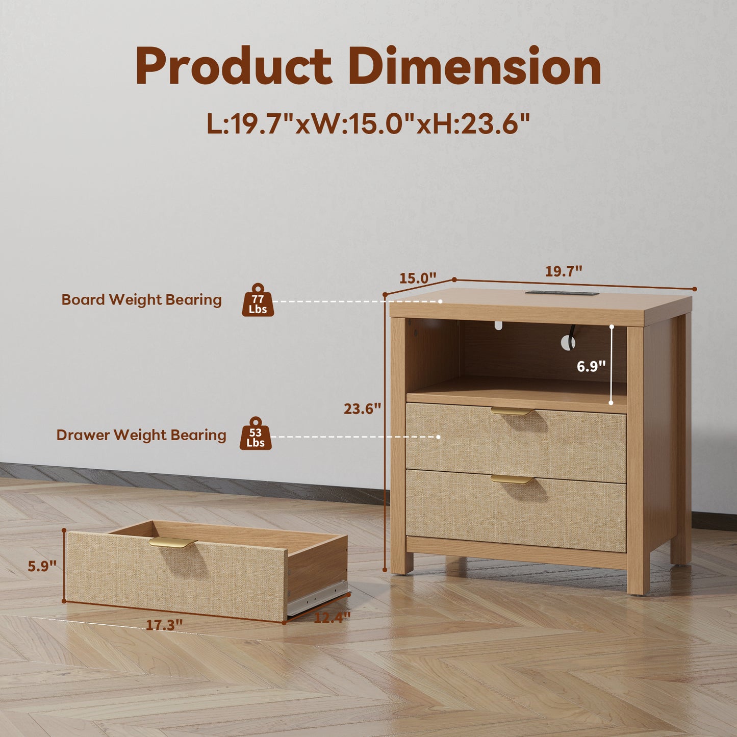 Satifur Nightstand Set of 2 with Rattan Style Finish & Charging Station, 2-Drawer Bedside Table with Open Shelf, for Bedroom Living Room, Natural Oak