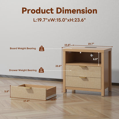Satifur Nightstand Set of 2 with Rattan Style Finish & Charging Station, 2-Drawer Bedside Table with Open Shelf, for Bedroom Living Room, Natural Oak