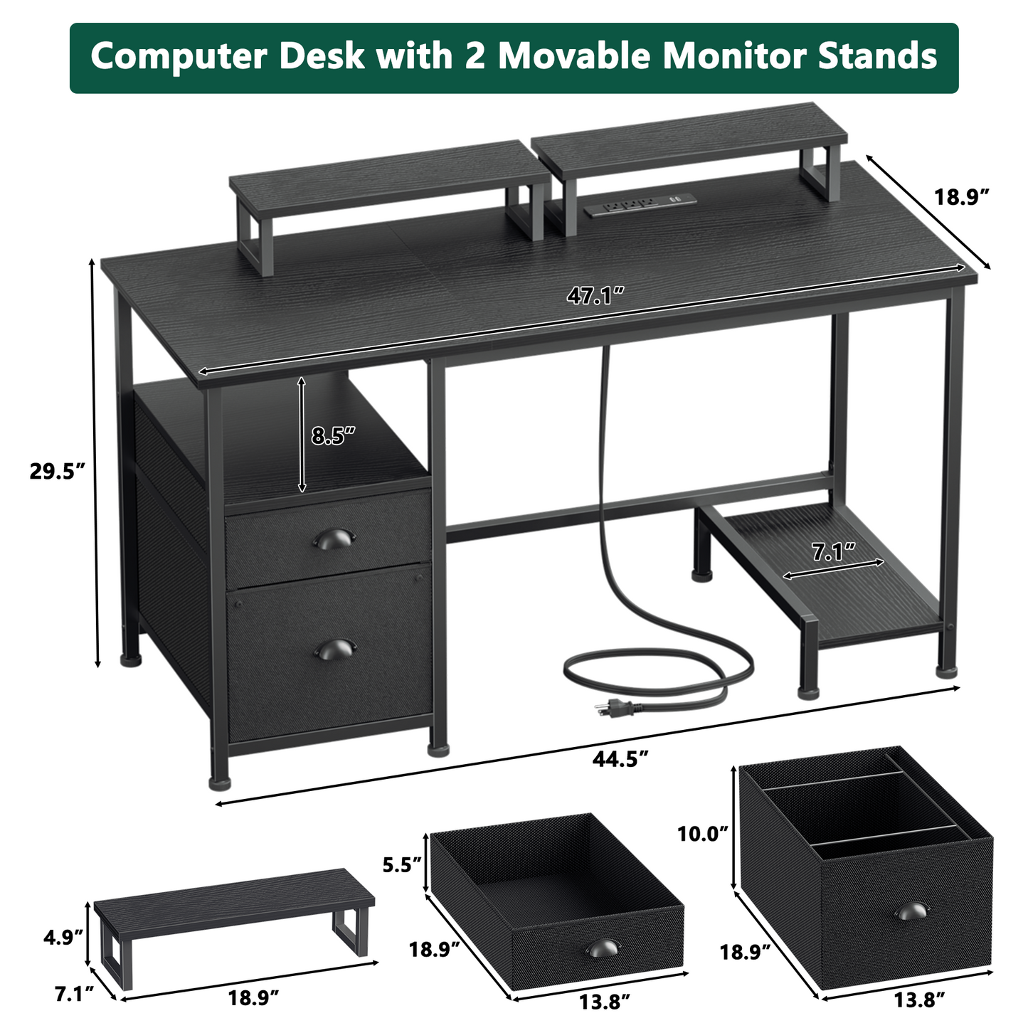 Satifur 47" Black Computer Office Desk with Drawers & Charging Station, Gaming Desk with Movable Monitor Stands, Storage Shelves & File Cabinet