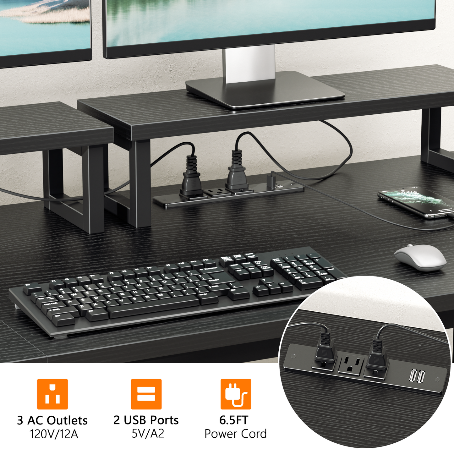 Satifur 47" Black Computer Office Desk with Drawers & Charging Station, Gaming Desk with Movable Monitor Stands, Storage Shelves & File Cabinet